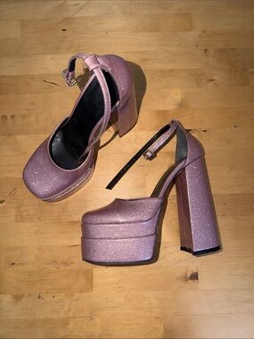 Women's Glitter Platform Heels with Ankle Strap - Pink